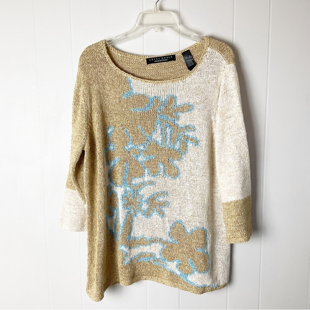 Crazy Horse Collection Woman Flower Sweater Plus Size XL Textured Knit Retro 3/4